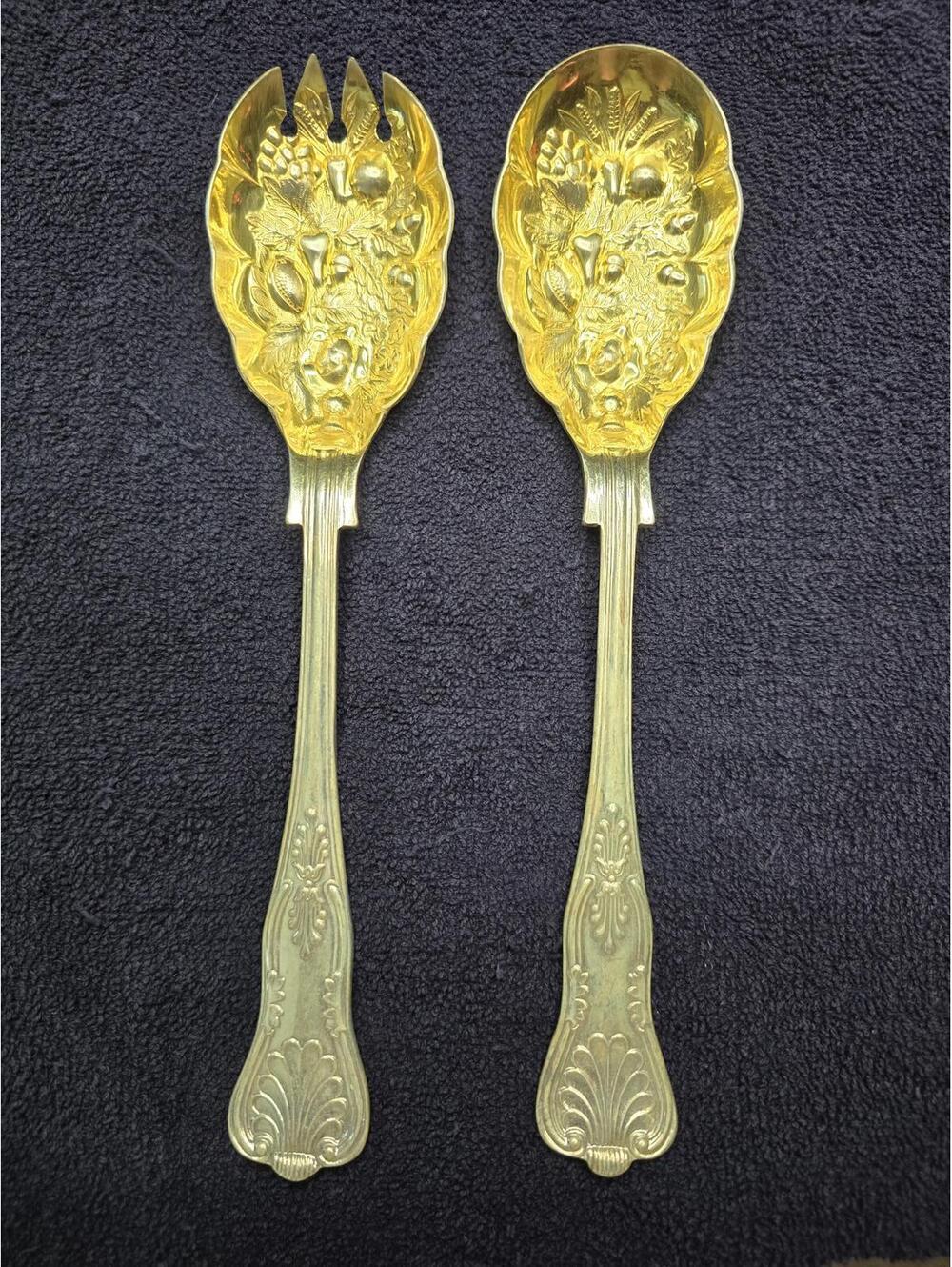 1940s William Adams Sheffield England Silver Plate Gilt Wash Salad Spoon Set